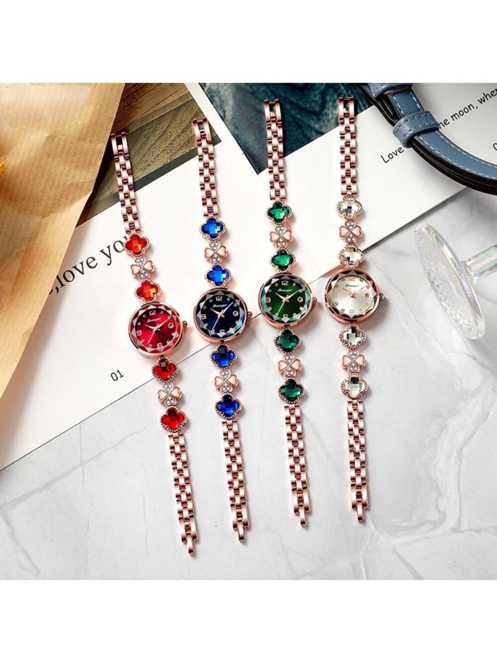 Women's Rose Gold Analog Quartz Vintage Hollow Four Leaf Chain Bracelet Watch - Picture 5 of 5